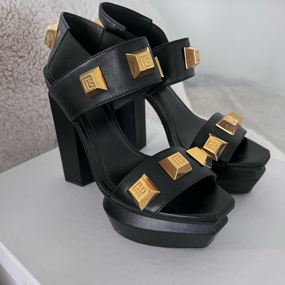 Balmain Black and Gold Studded Platform Heels Ava 140mm leather Platform